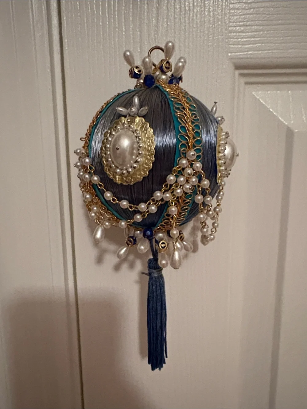Handcrafted Blue and White Beaded Tassel Push Pin Ornament